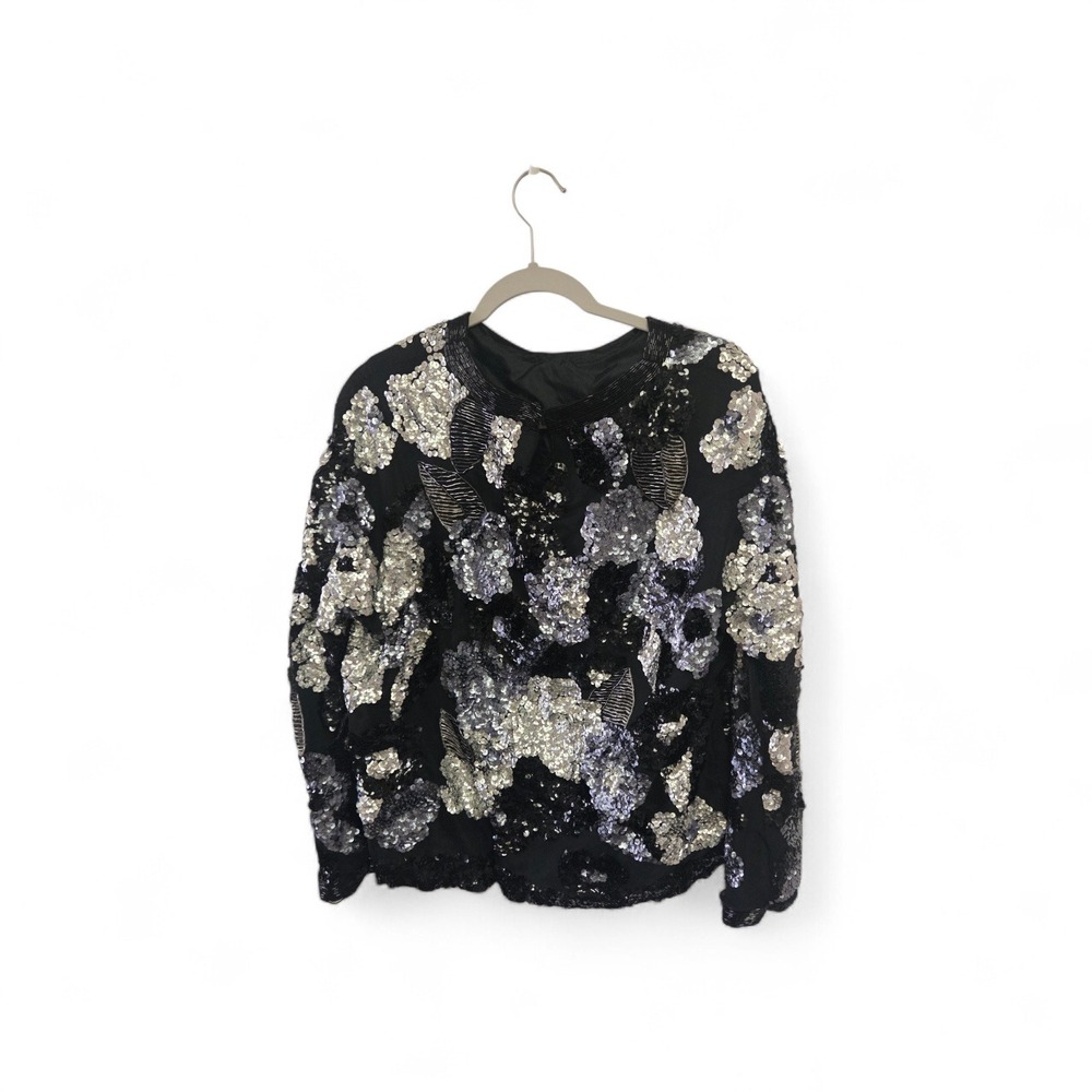 Vintage 80s Isabelle Hand Made‎ Beaded Sequin Floral Jacket Black Women's Sz L